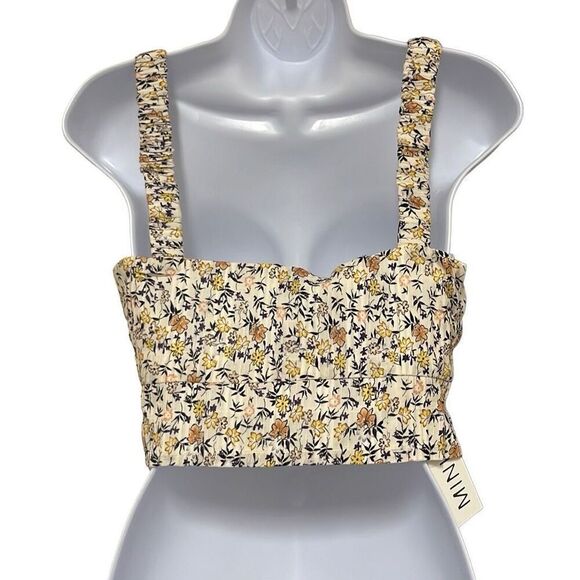 Minkpink Surrey Crop Top Cream Yellow Floral Side Zip Smocked Medium NWT Boho - Picture 3 of 12